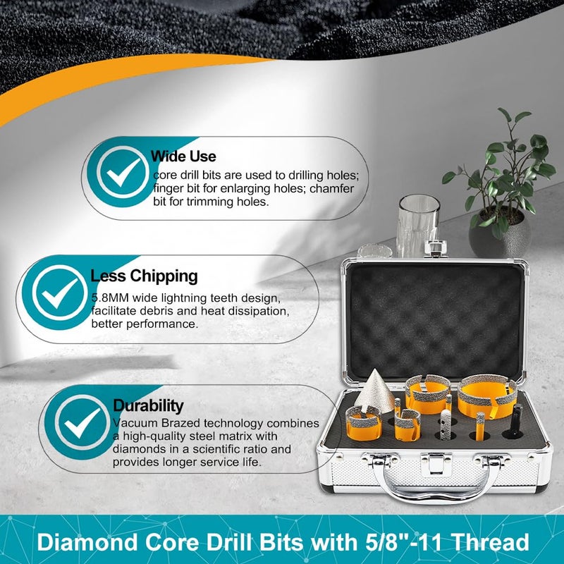 EXFEIN Diamond Tile Hole Saw Kit 10pcs - 6/6/8/25/35/50/65mm Diamond Core Drill Bits with 10mm Finger Bit and 50mm Chamfer Bit Trimming Holes and SDS Adapter for Tile Porcelain Marble - Image 3